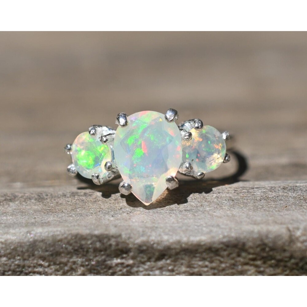 Iridescent Opal Centerpiece Ring - Multifaceted Side Stones - Unique Boho Statem